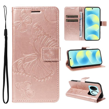 Rose pink butterfly embossed flip leather phone case with card slots and wrist strap