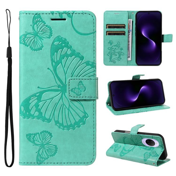 Green embossed butterfly flip leather phone case with wrist strap
