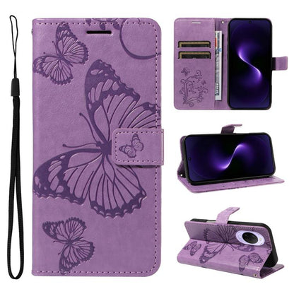 Purple embossed butterfly flip leather phone case with wrist strap