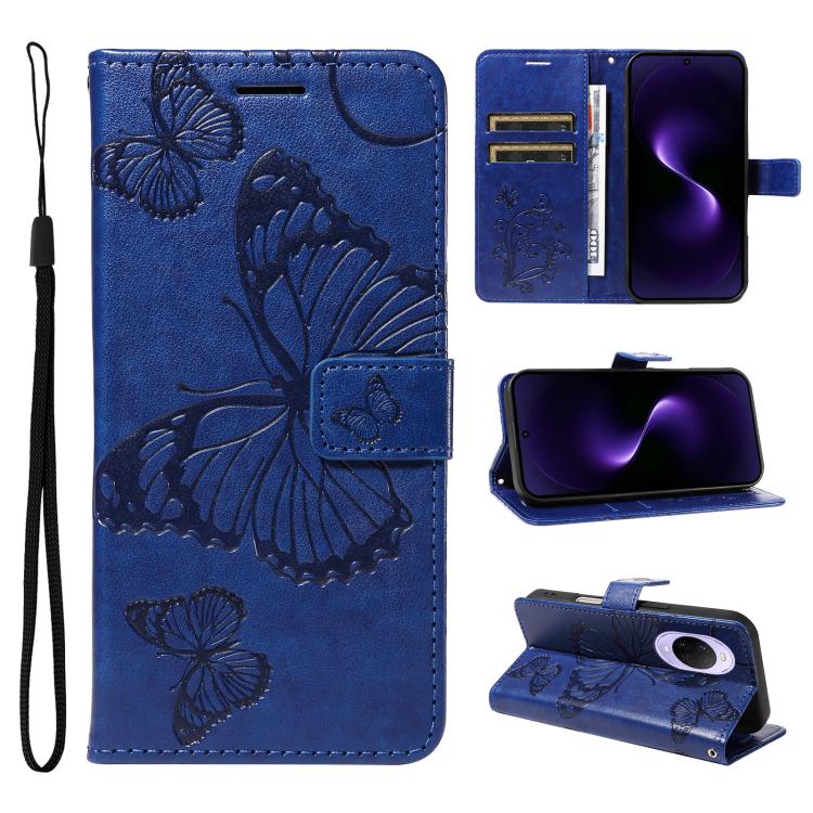 Blue embossed butterfly flip leather phone case with wrist strap