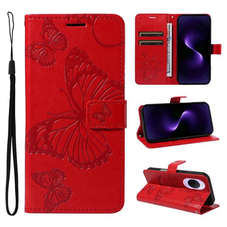 Red embossed butterfly flip leather phone case with wrist strap