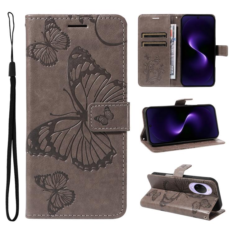 Grey embossed butterfly flip leather phone case with wrist strap