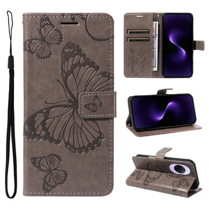 Grey embossed butterfly flip leather phone case with wrist strap