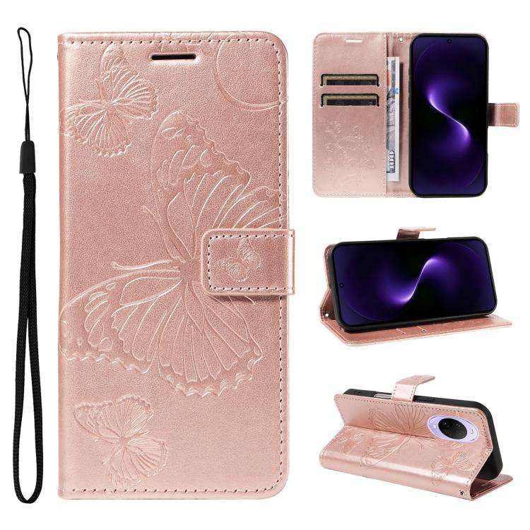 Rose gold embossed butterfly flip leather phone case with wrist strap