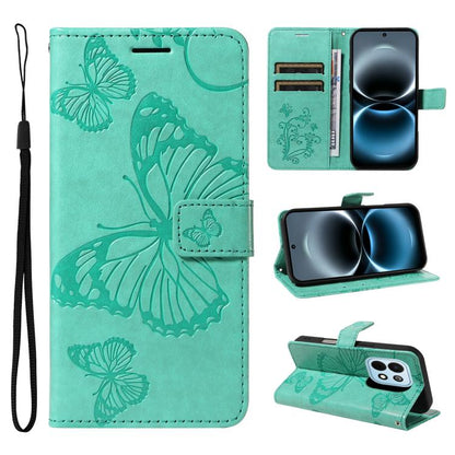 Green flip leather phone case with embossed butterfly pattern, card slots, and wrist strap