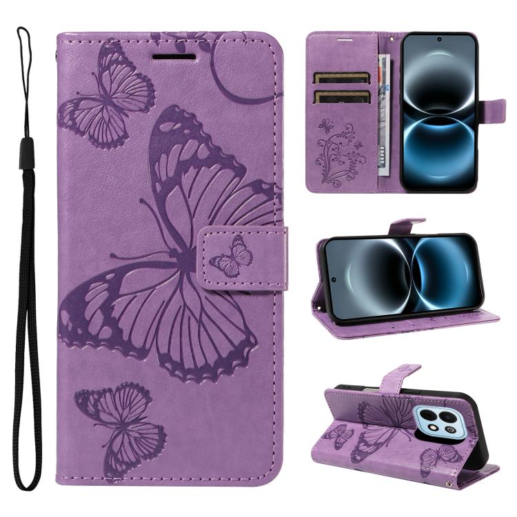 Purple flip leather phone case with embossed butterfly pattern, card slots, and wrist strap