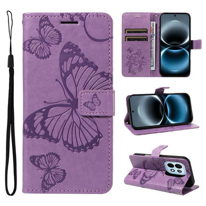 Purple flip leather phone case with embossed butterfly pattern, card slots, and wrist strap