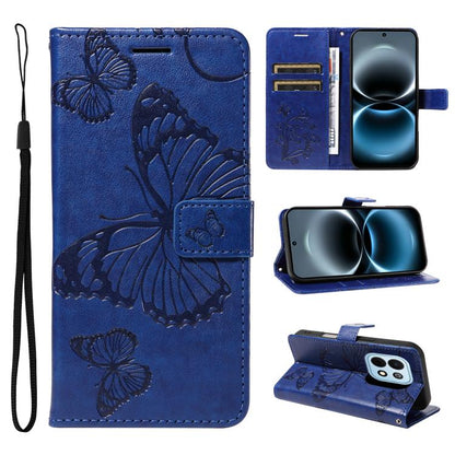 Blue flip leather phone case with embossed butterfly pattern, card slots, and wrist strap