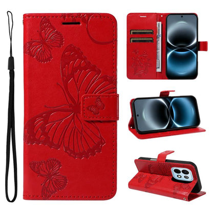Red flip leather phone case with embossed butterfly pattern, card slots, and wrist strap