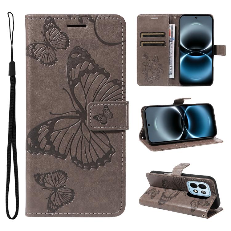 Grey flip leather phone case with embossed butterfly pattern, card slots, and wrist strap