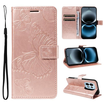 Rose gold flip leather phone case with embossed butterfly pattern, card slots, and wrist strap