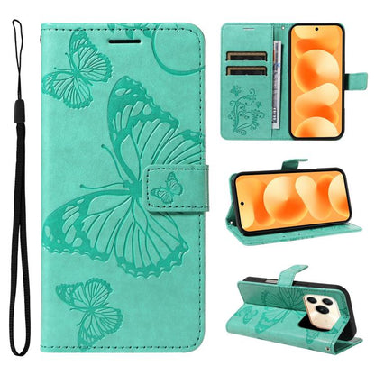 Green butterfly-embossed flip leather phone case with magnetic flap and card slots