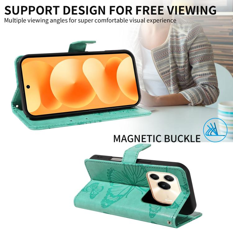 Green butterfly-embossed flip leather phone case with stand support and magnetic closure