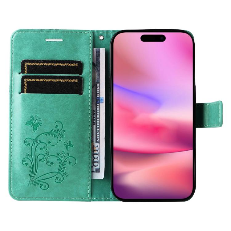 Green butterfly-embossed flip leather phone case with inner card slots and cutout