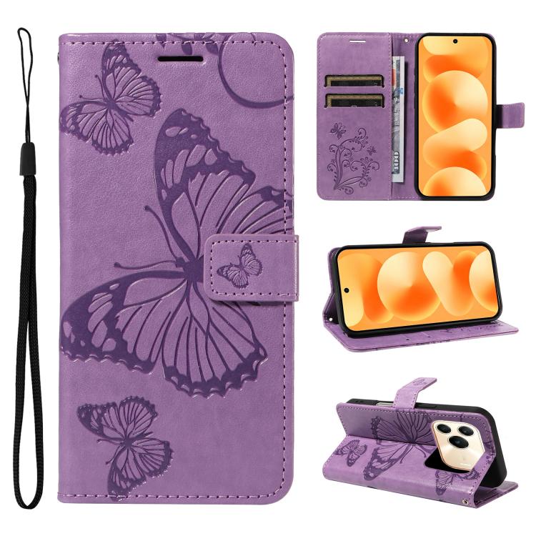Purple butterfly-embossed flip leather phone case with magnetic flap and card slots