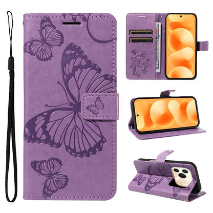 Purple butterfly-embossed flip leather phone case with magnetic flap and card slots