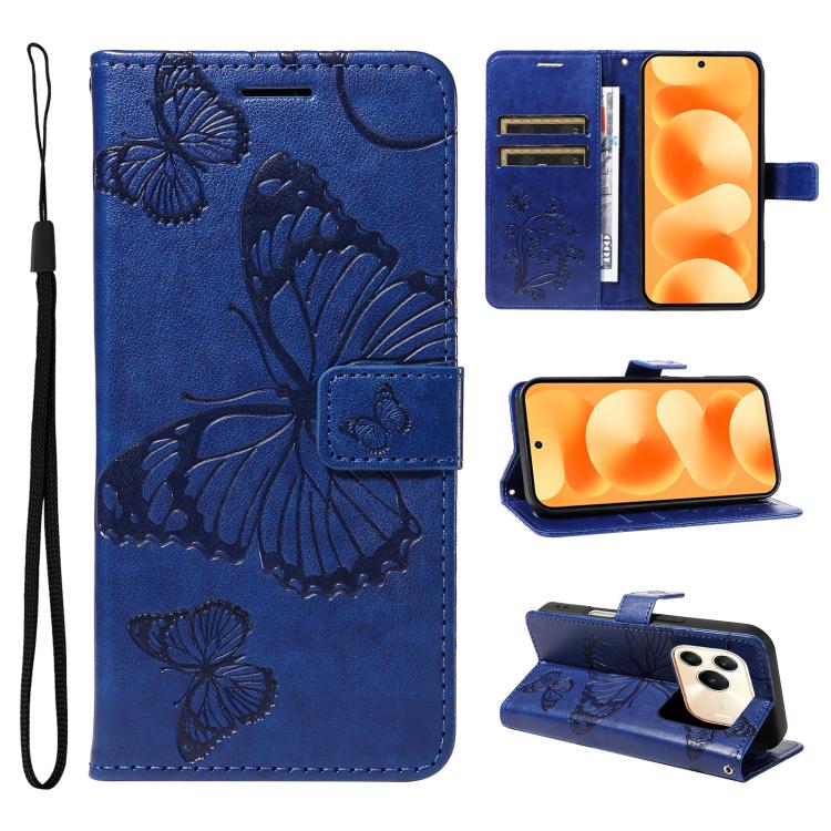 Blue butterfly-embossed flip leather phone case with magnetic flap and card slots