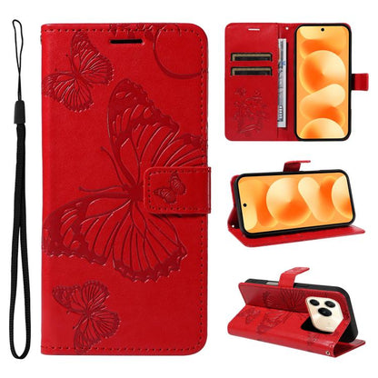 Red butterfly-embossed flip leather phone case with magnetic flap and card slots