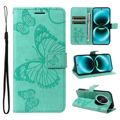 Teal butterfly embossed flip leather phone case with card slots and wrist strap