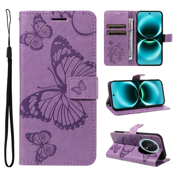 Purple butterfly embossed flip leather phone case with card slots and wrist strap