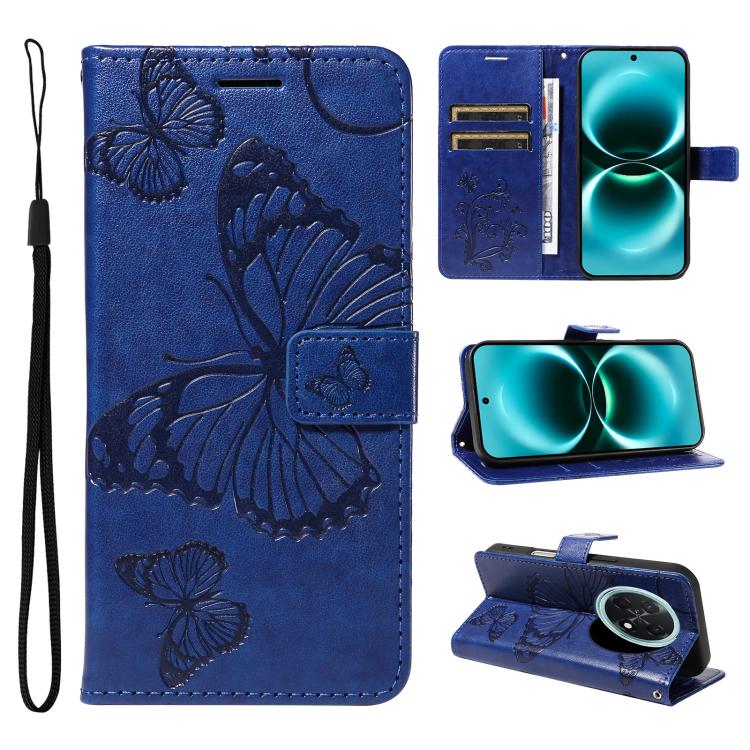 Blue flip leather phone case with 3D butterfly embossed pattern and wrist strap