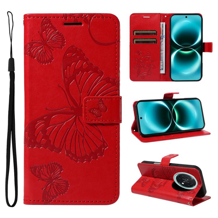 Red flip leather phone case with 3D butterfly embossed pattern and wrist strap
