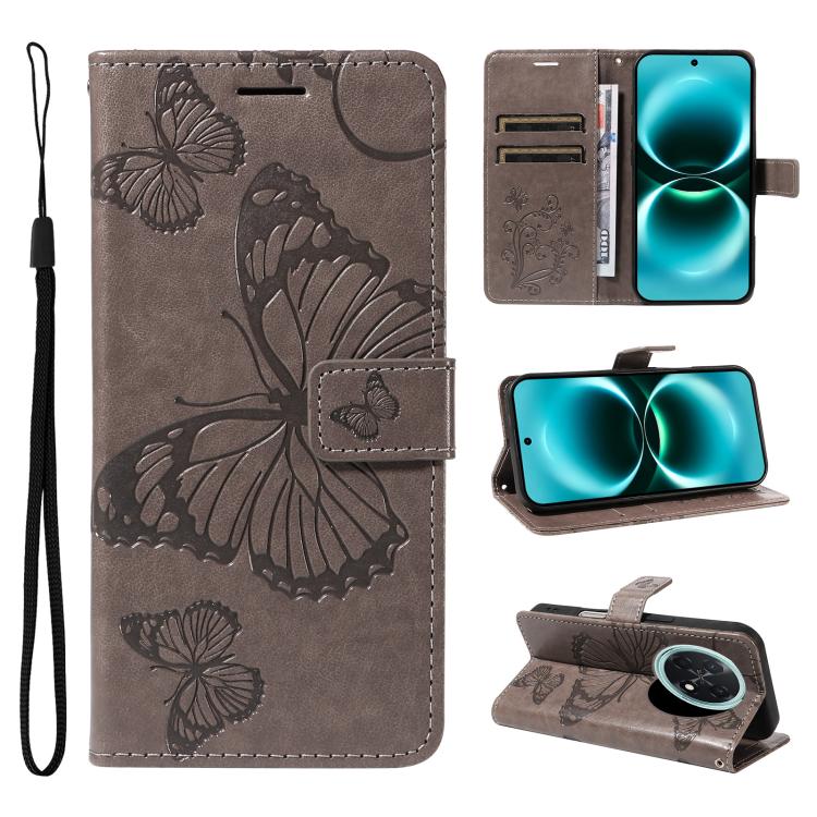 Grey flip leather phone case with 3D butterfly embossed pattern and wrist strap