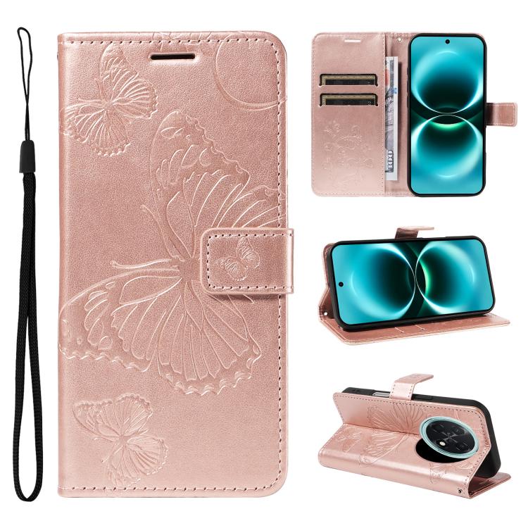 Rose gold flip leather phone case with 3D butterfly embossed pattern and wrist strap