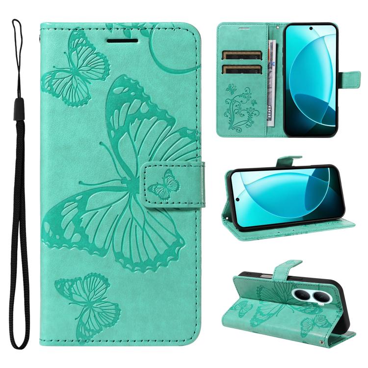Green flip leather phone case with 3D butterfly embossed pattern and wrist strap