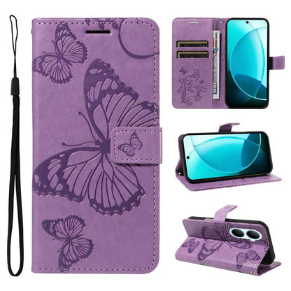 Purple flip leather phone case with 3D butterfly embossed pattern and wrist strap