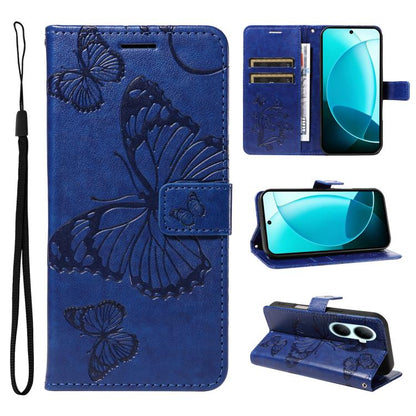 Blue flip leather phone case with 3D butterfly embossed pattern and wrist strap