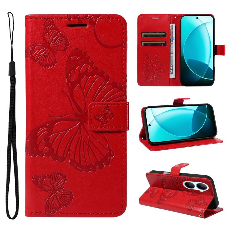 Red flip leather phone case with 3D butterfly embossed pattern and wrist strap