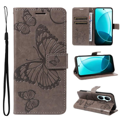 Grey flip leather phone case with 3D butterfly embossed pattern and wrist strap