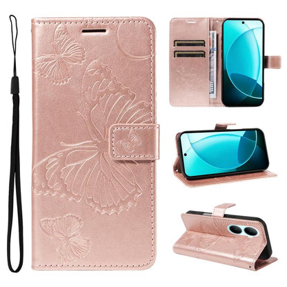 Rose gold flip leather phone case with 3D butterfly embossed pattern and wrist strap