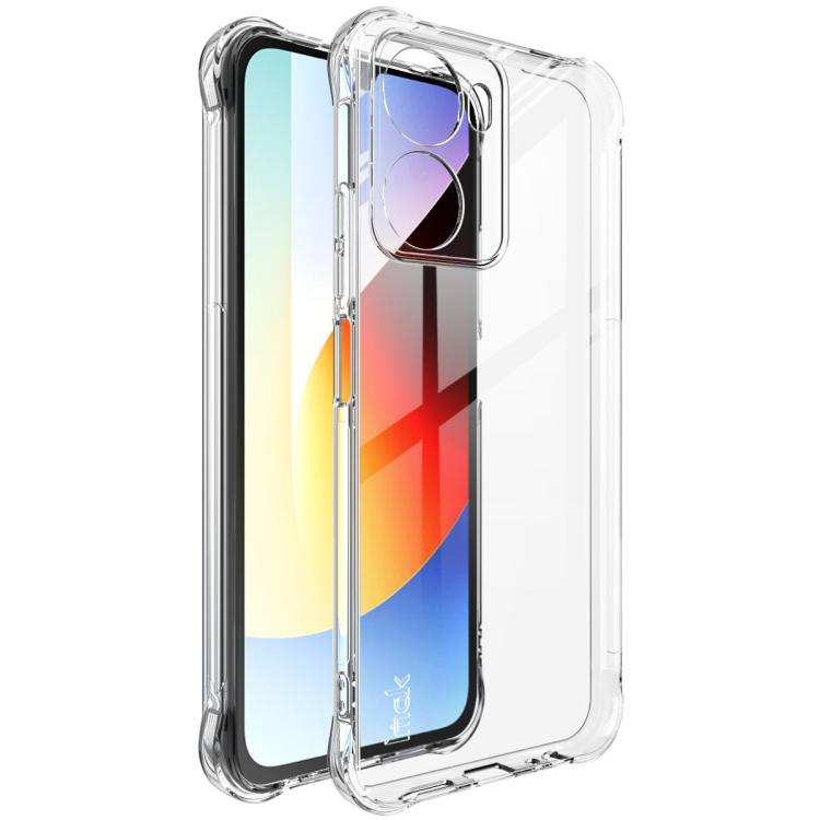 Transparent TPU shockproof phone case showing dual camera cutouts and button covers.