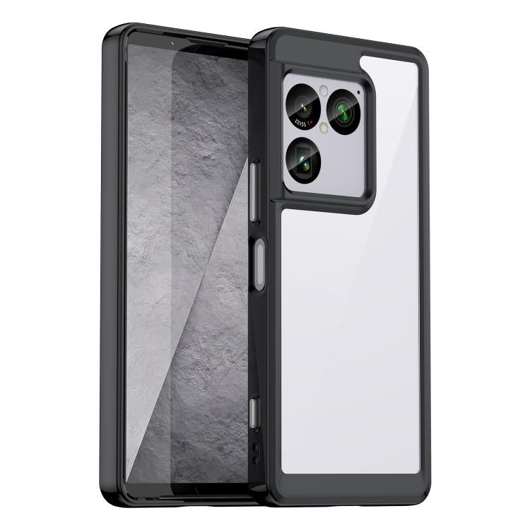 Black hybrid TPU phone case with clear back panel and camera cutout