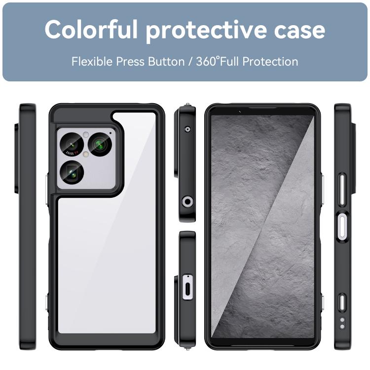 Black hybrid TPU phone case with clear back, side buttons, and camera cutout