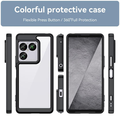 Black hybrid TPU phone case with clear back, side buttons, and camera cutout