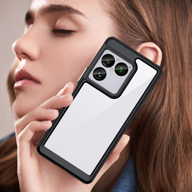 Black hybrid TPU phone case with transparent back and camera cutout