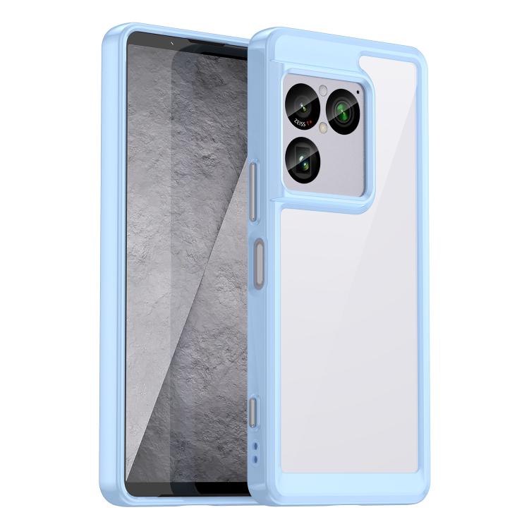 Blue hybrid TPU phone case with transparent back panel and camera cutout