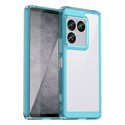 Transparent blue hybrid TPU phone case with clear back panel and camera cutout