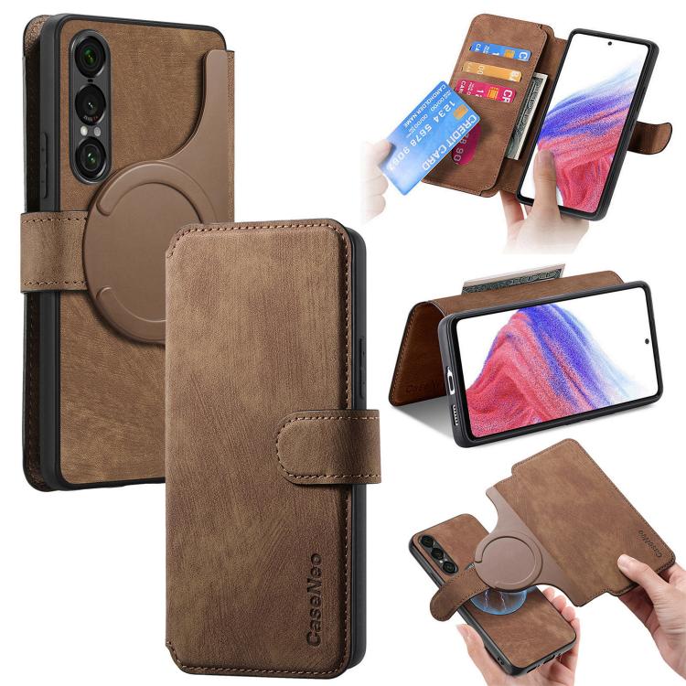 Retro leather phone case with MagSafe-style ring, brown folio wallet design