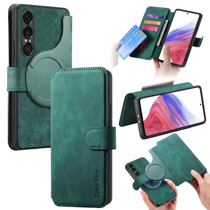 Retro leather phone case with MagSafe-style ring, green folio wallet design