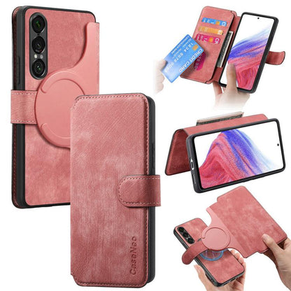 Retro leather phone case with MagSafe-style ring, pink folio wallet design
