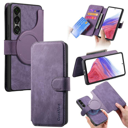 Retro leather phone case with MagSafe-style ring, purple folio wallet design