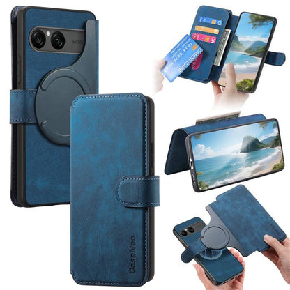 Blue retro leather MagSafe phone case with card pocket and circular magnetic clasp