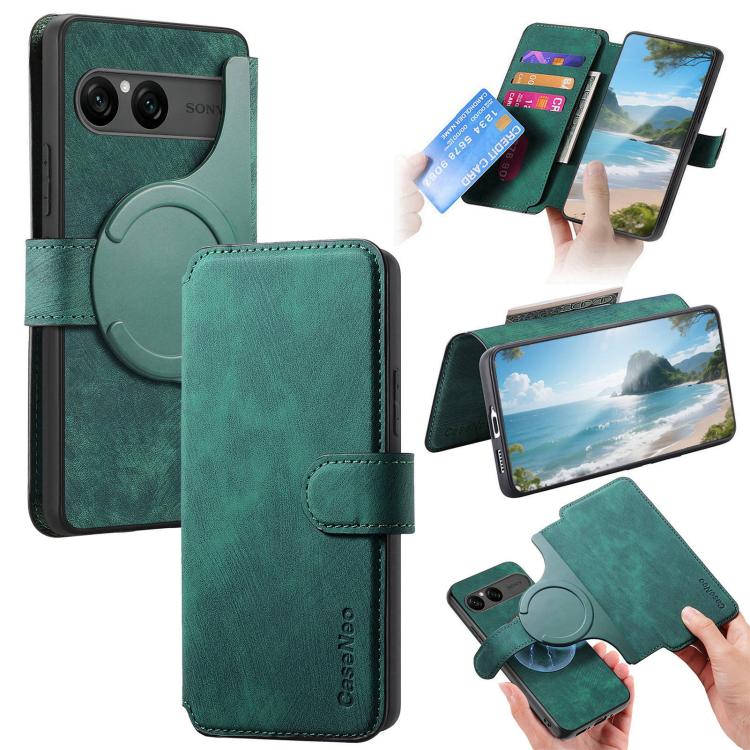Green retro leather MagSafe phone case with card pocket and circular magnetic clasp