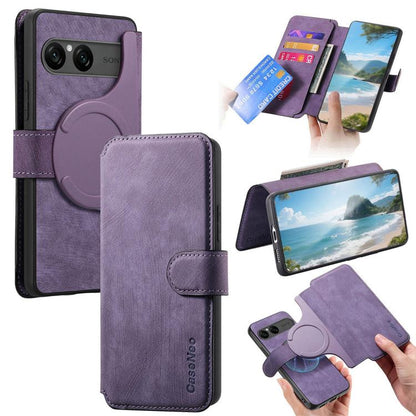 Purple retro leather MagSafe phone case with card pocket and circular magnetic clasp