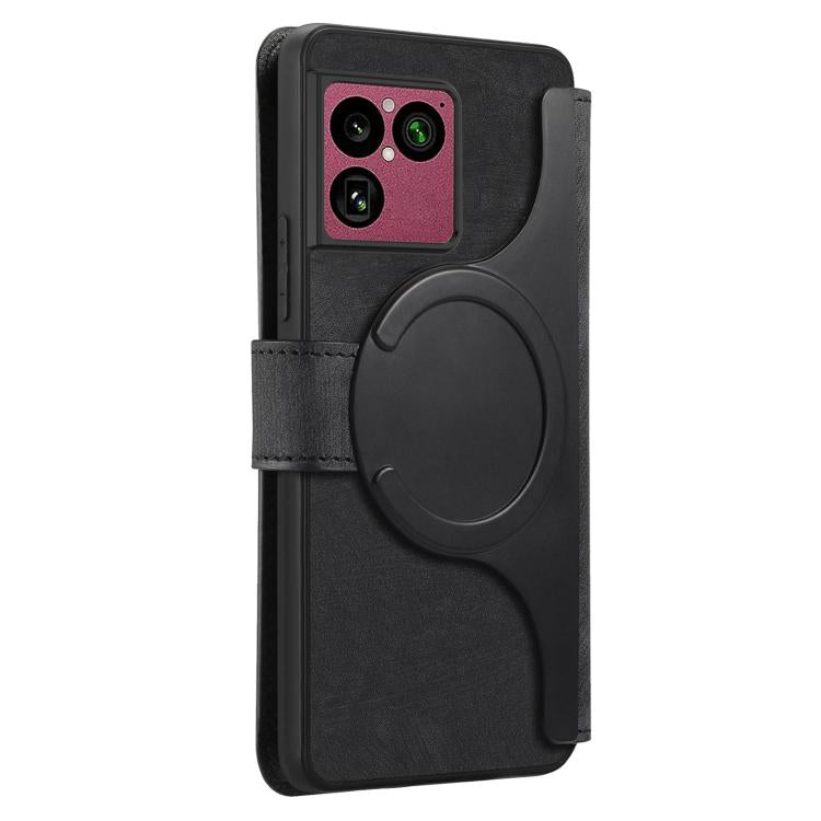 Retro leather MagSafe phone case with circular magnetic ring, black