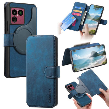Retro leather MagSafe RFID phone wallet case with card slots, blue